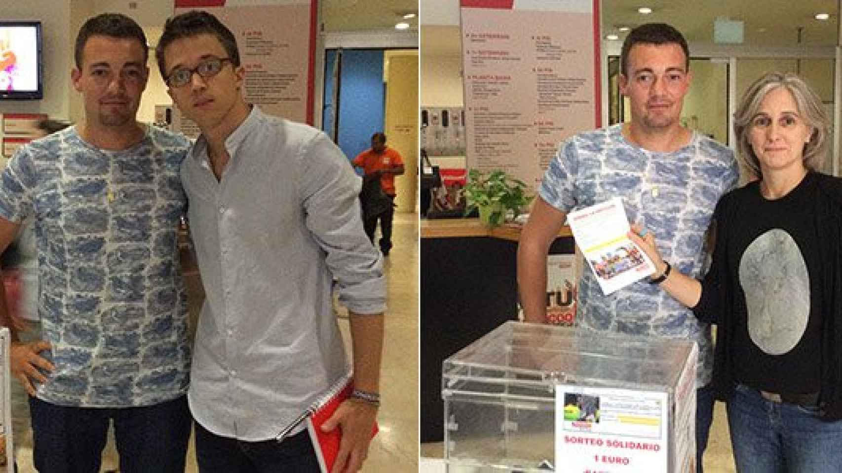 El dirigente de Podemos Íñigo Errejón (imagen de la izquierda) y la líder de ICV, Dolors Camats (derecha), junto al trabajador que ha tenido que abandonar eDreams, Damien M