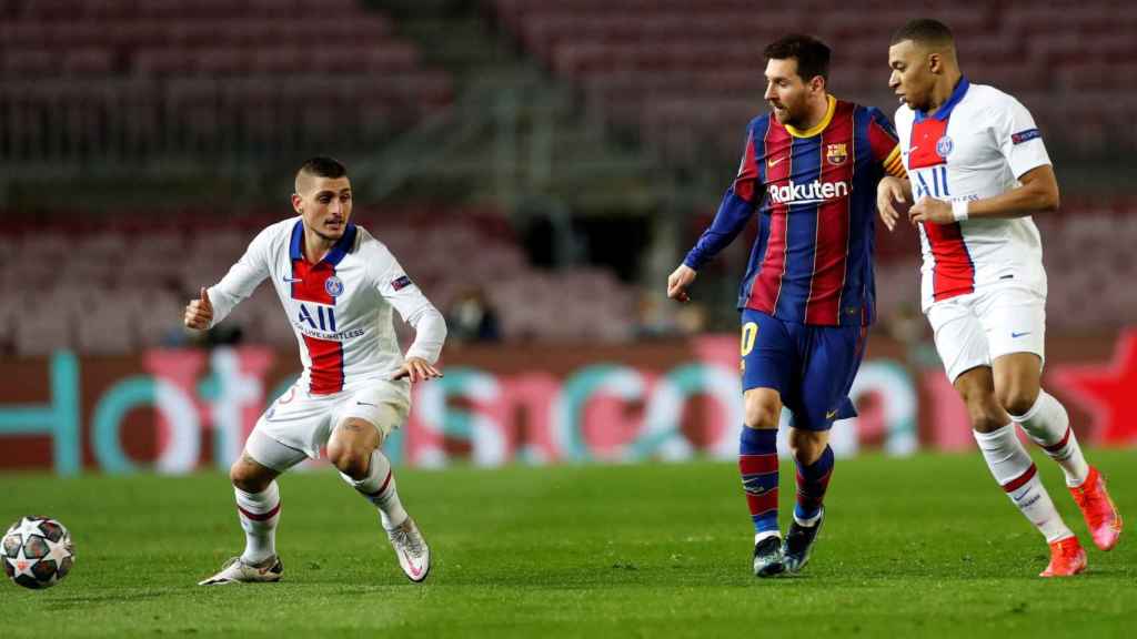 Verratti, Mbappé y Messi en el partido del Barça contra el PSG