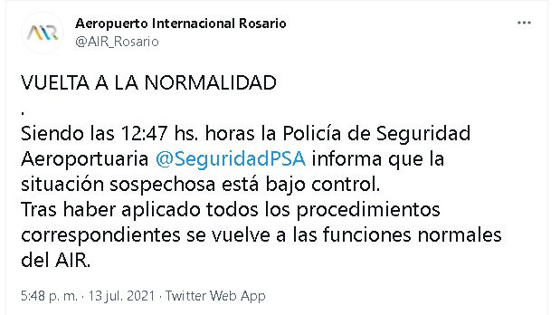 Mensaje de las redes sociales del Aeropuerto Internacional de Rosario / Redes