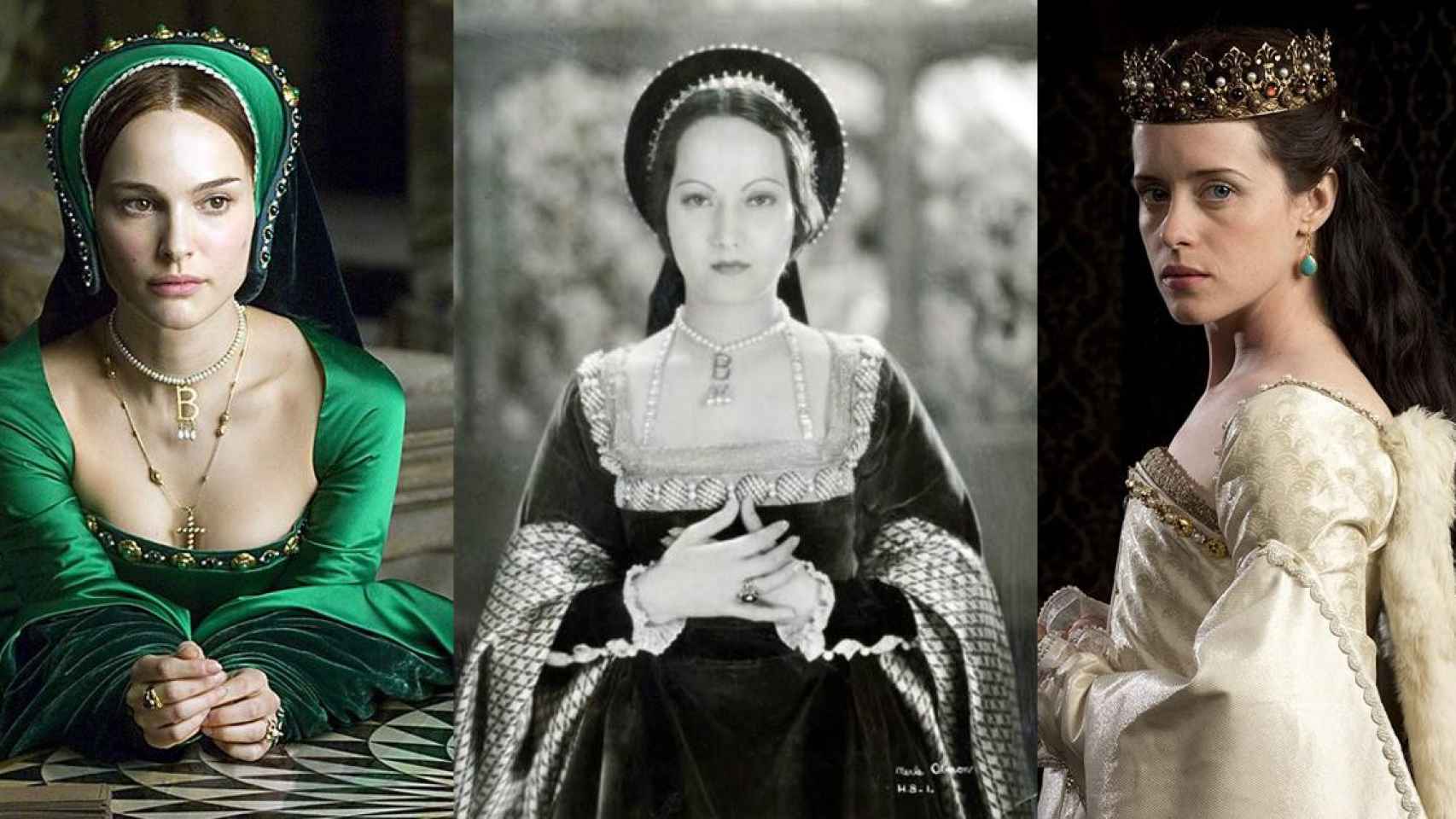 Natalie Portman (iz), Merle Oberon (c) y Claire Foy (d) interpretando Ana Bolena   CG