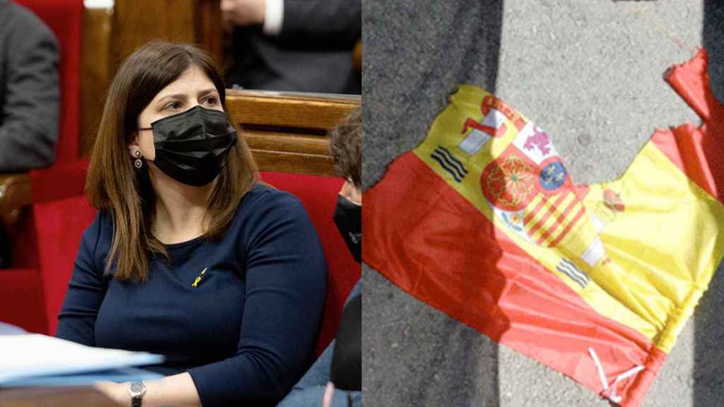 La consejera de Universidades, Gemma Geis, y la bandera de España que tres sujetos rajaron en la UAB / FOTOMONTAJE DE CG