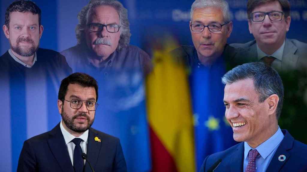 Pedro Sanchez y Pere Aragonés, bajo las imágenes de Francesc Marc Àlvaro, Joan Tardà, Antoni Puigverd y Francisco Salazar / FOTOMONTAJE CG