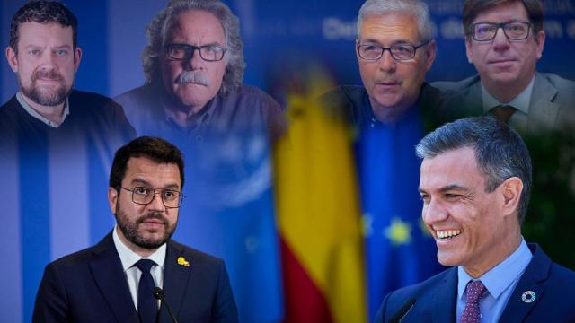 Pedro Sanchez y Pere Aragonés, bajo las imágenes de Francesc Marc Àlvaro, Joan Tardà, Antoni Puigverd y Francisco Salazar / FOTOMONTAJE CG