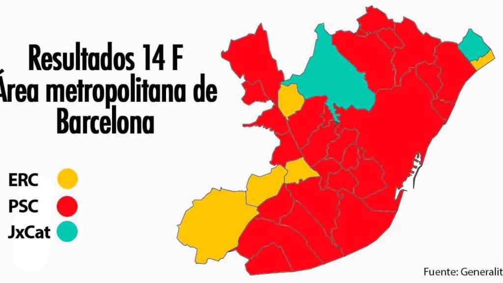 Partidos ganadores en los municipios del área metropolitana de Barcelona en las elecciones autonómicas del 14F de 2021 / Fotomontaje CG