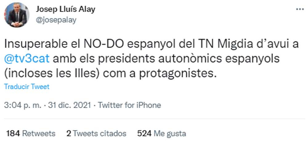 Josep Lluís Alay, criticando a TV3 en Twitter