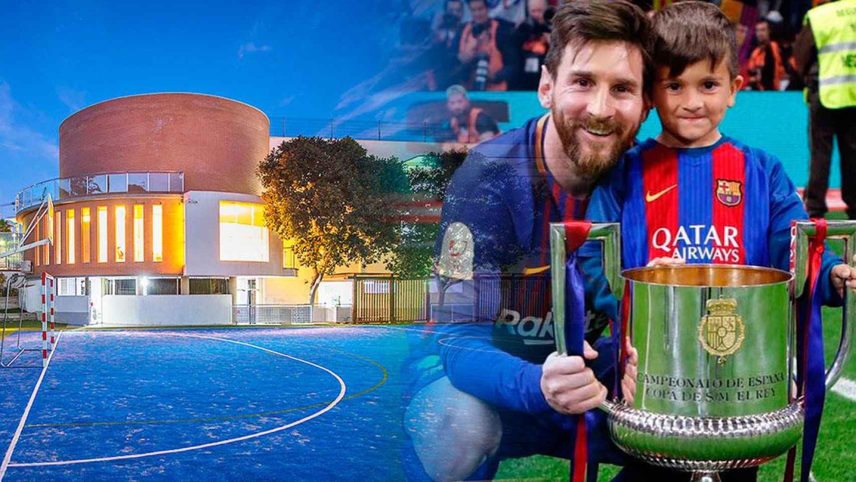 Leo Messi con Thiago Messi y el campo de fútbol del British School of Barcelona (BSB) / CG