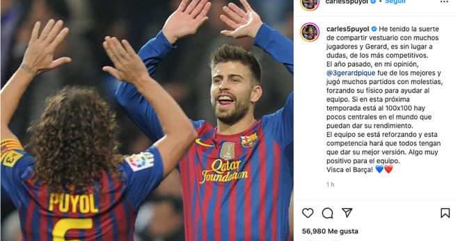 Carles Puyol y Gerard Piqué, celebrando un gol con el Barça / INSTAGRAM