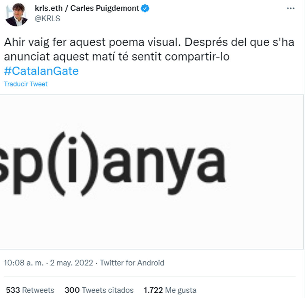 Tuit de Puigdemont criticando a España / @KRLS (TWITTER)