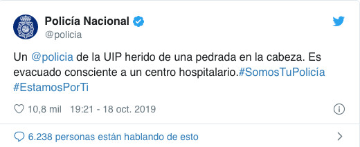 Tuit de la Policía Nacional sobre el policía herido en Vía Laietana / TWITTER