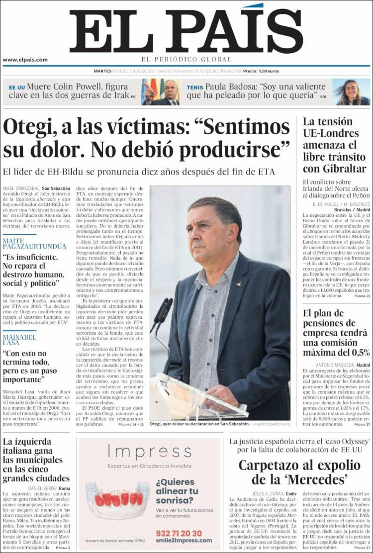 Portada de 'El País' del 19 de octubre de 2021 / KIOSKO.NET