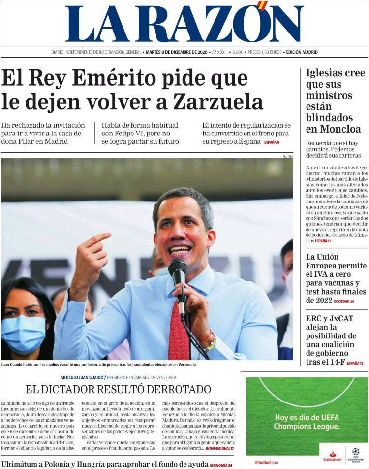 Portada de La Razón, 8 de diciembre de 2020