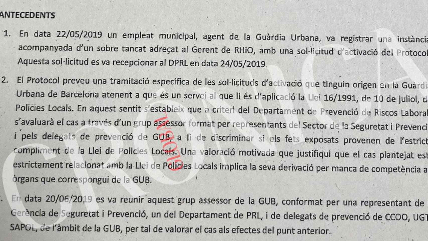 Un agente de la Guardia Urbana solicita la activación del protocolo municipal por acoso laboral / CG