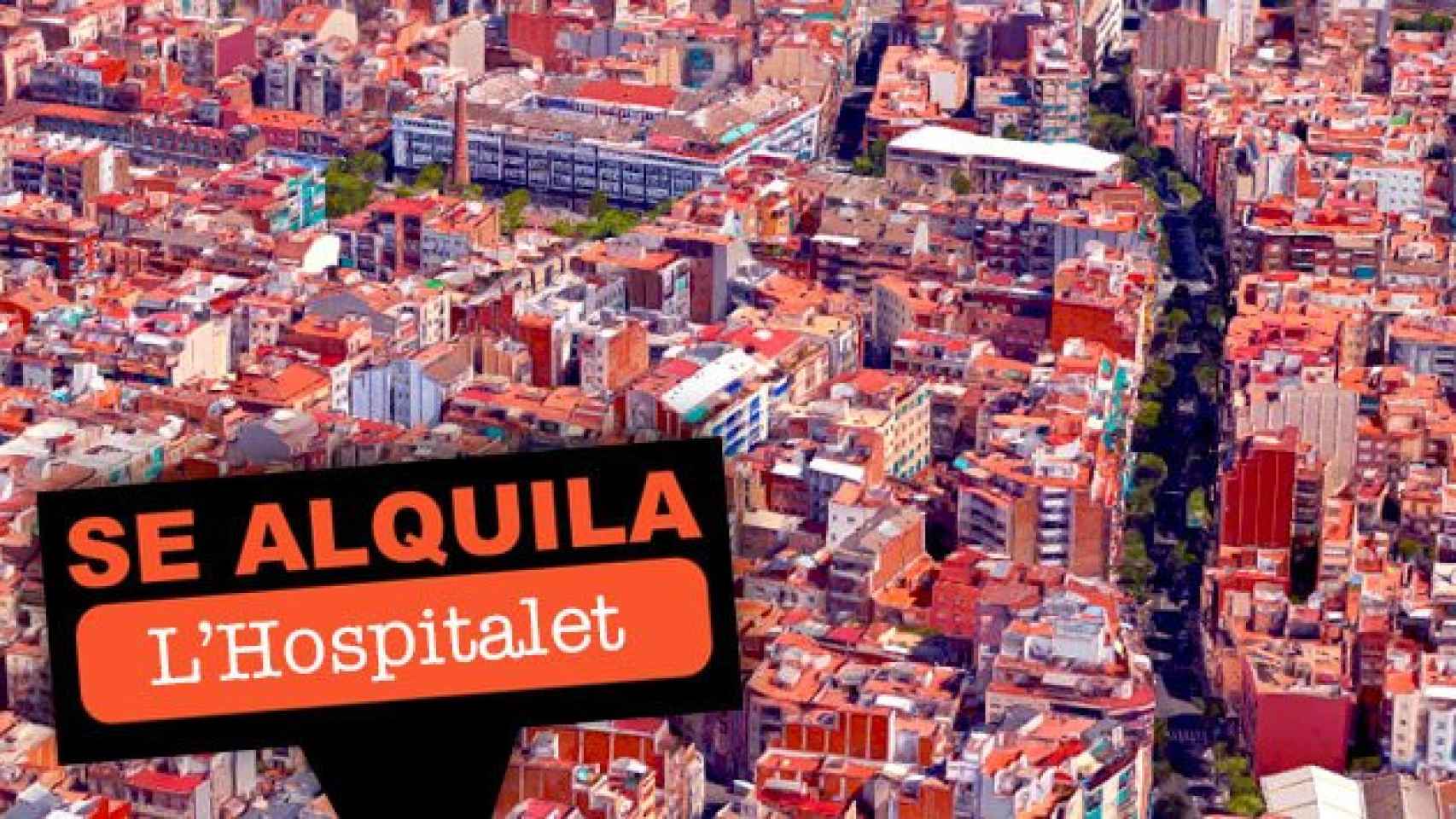 Cartel de alquiler con el barrio de Collblanc-Torrassa (Hospitalet) de fondo / CG