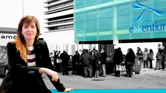 Susana Monje, presidenta de Essentium, y un grupo de trabajadores que protestaban por los impagos de las nóminas desde hacía más de un año / FOTOMONTAJE DE CG