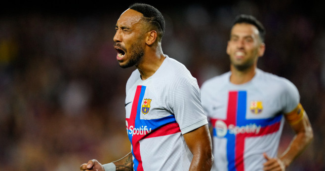 Aubameyang celebra su gol con el Barça frente al Manchester City / EFE