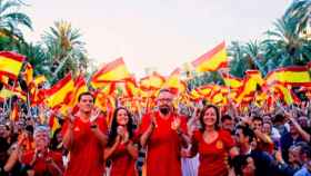 Albert Rivera, junto a Inés Arrimadas, Juan Carlos Girauta y Carina Mejías, siguiendo el pasado partido de la Eurocopa