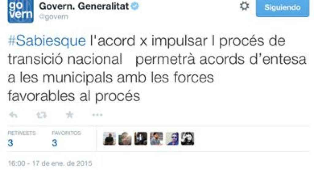 Tuit lanzado desde la cuenta oficial de la Generalidad