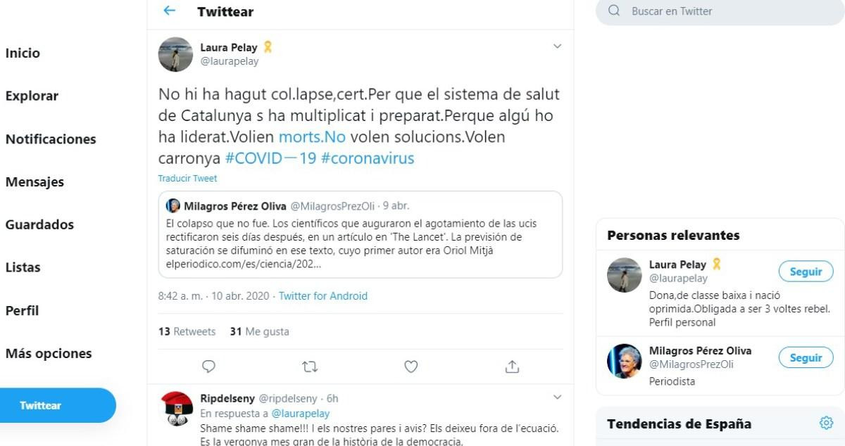 Tuit de Laura Pelay en el que asegura que querían muertos / TWITTER