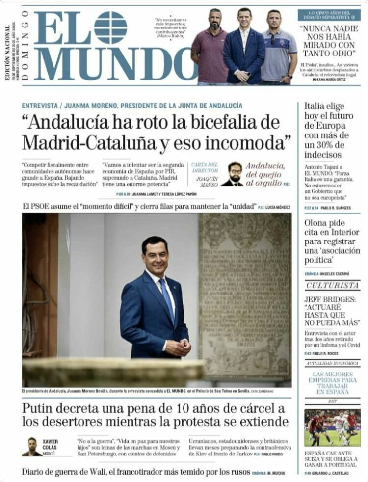 Portada de 'El Mundo' de 25 de septiembre de 2022 / KIOSKO.NET