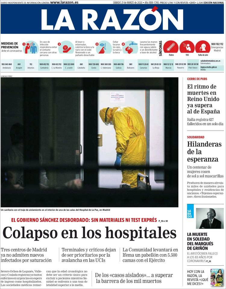 Portada de 'La Razón' del 21 de marzo de 2020