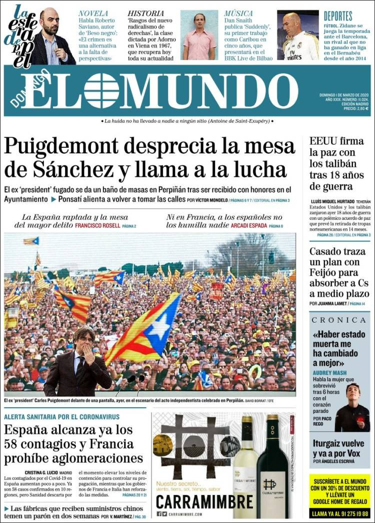 Portada de 'El Mundo' del domingo 1 de marzo