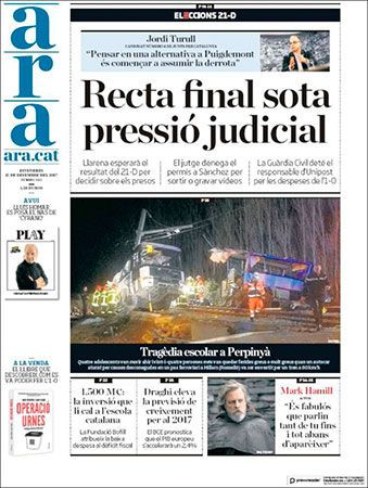 Portada de 'Ara' del 15 de diciembre de 2017