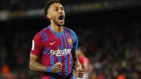 Aubameyang celebra su quinto gol con el Barça ante el Athletic Club / EFE