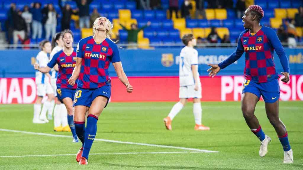 Celebración del gol de Kheira Hamraoui contra el Deportivo Abanca / FCB