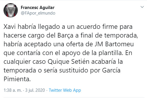 Tuit de Francesc Aguilar sobre la llegada de Xavi al Barça / Redes