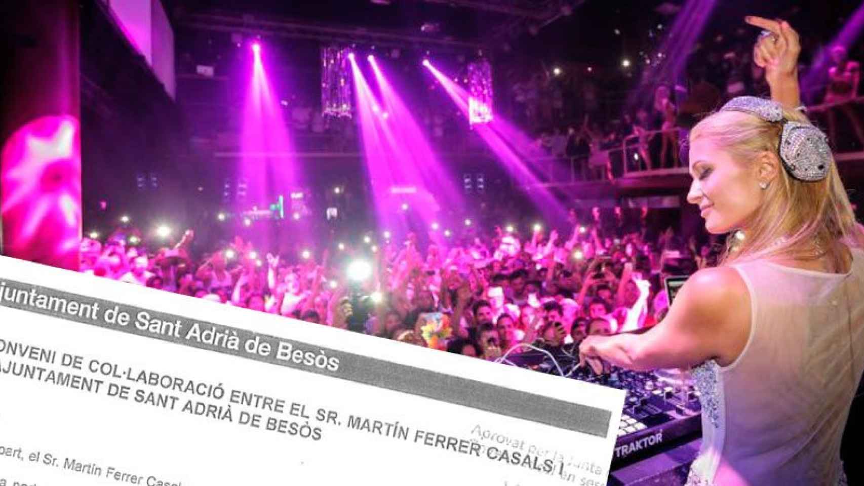 La discoteca Amnesia, de Martin Ferrer, y un documento de un convenio con el ayuntamiento de Sant Adrià de Besós.