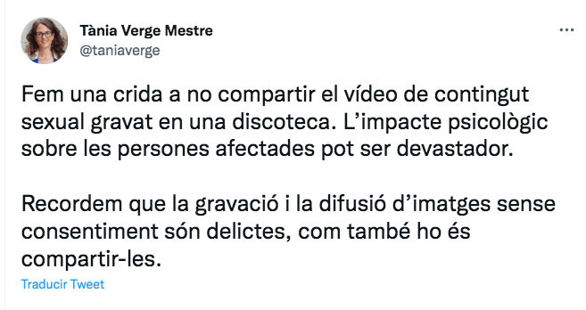 Tuit de la consejera de Igualdad, Tània Verge, sobre el vídeo de la discoteca Waka