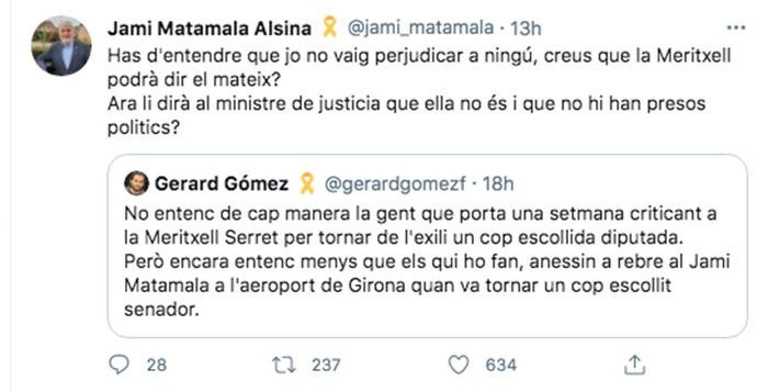 Tuit de Josep Maria Matamala sobre Meritxell Serret