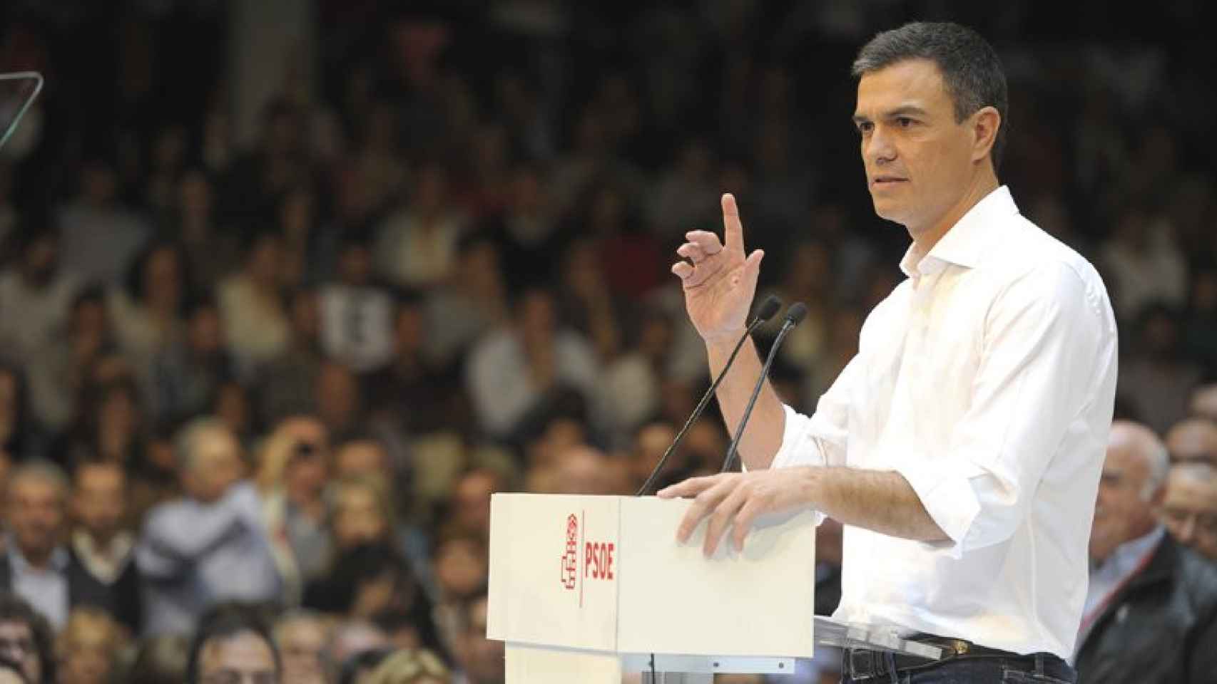 El secretario general del PSOE, Pedro Sánchez, en su intervención en el mitin de este domingo en Madrid.