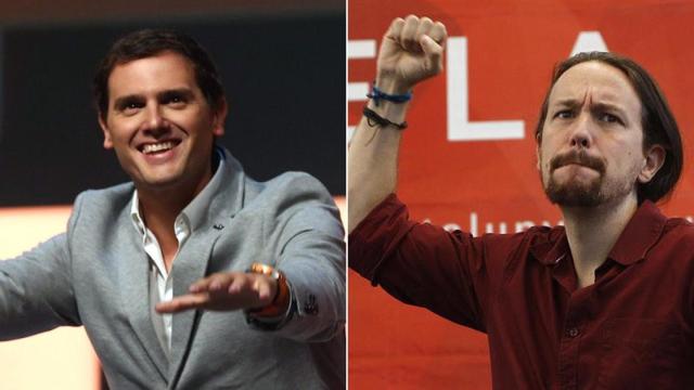 Los líderes de C's y Podemos, Albert Rivera y Pablo Iglesias, en sendos mítines en Cataluña este domingo.