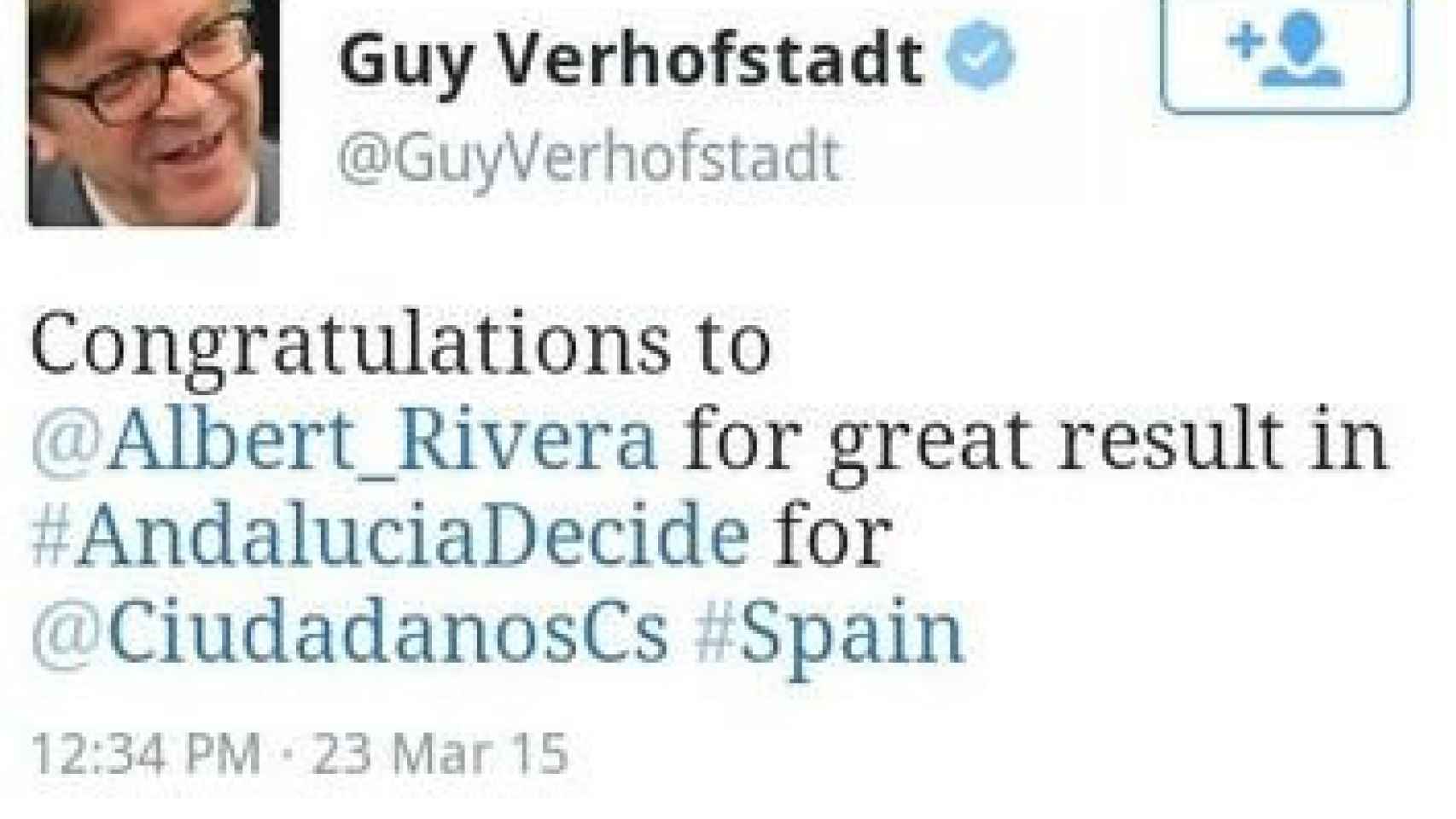 Tuit de Guy Verhofstadt felicitando a Albert Rivera