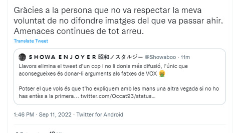 Mensaje de la periodista agredida en vísperas de la Diada / TWITTER