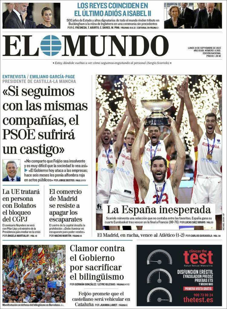 Portada de 'El Mundo' de 19 de septiembre de 2022 / KIOSKO.NET