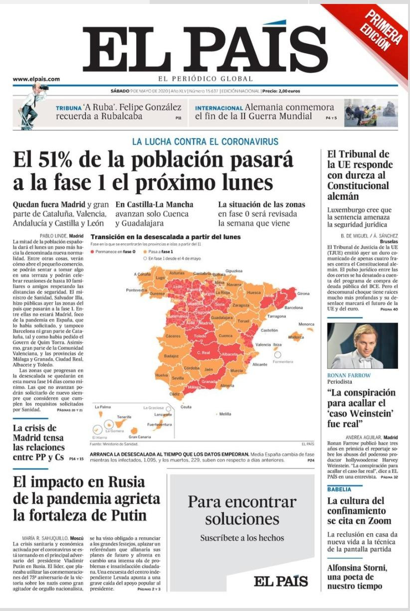 Portada de El Pais del 9 mayo del 2020