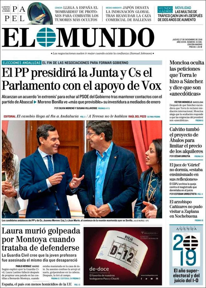 Portada de 'El Mundo' del 27 de diciembre