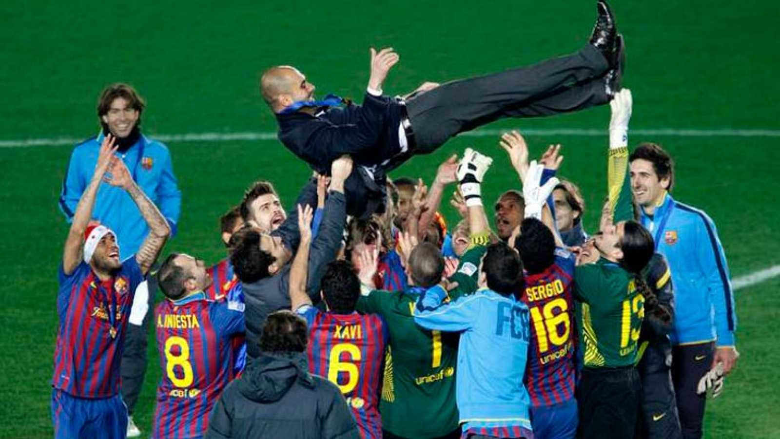 El vestuario del Barça celebrando con Guardiola la Copa del Rey en 2012 / EFE