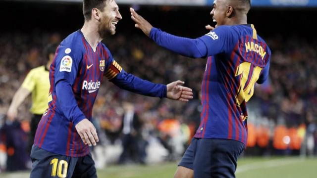 Una foto de Messi y Malcom celebrando un gol ante el Atlético de Madrid / FCB