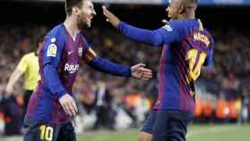 Una foto de Messi y Malcom celebrando un gol ante el Atlético de Madrid / FCB