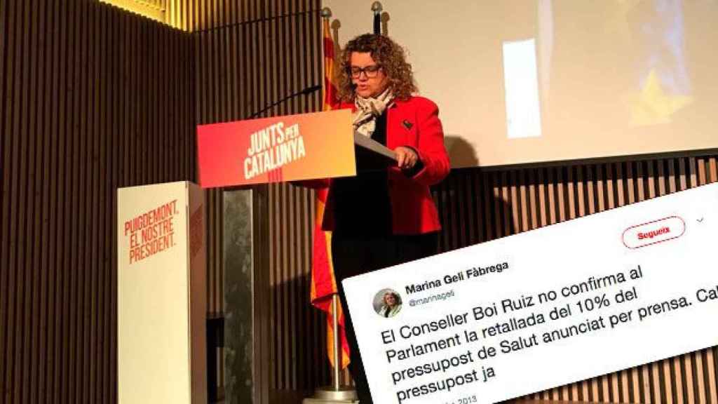 La exconsejera de Salud, Marina Geli, hoy en el acto de JuntsxCat y uno de los tuits cuando criticaba a Boi Ruiz (CiU) / CG