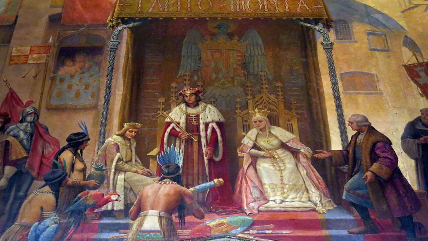 Mural del recibimiento de los Reyes Católicos a Cristóbal Colón en Barcelona, en el salón Sant Jordi de la Generalitat de Cataluña / ENFO (CC-BY-SA-3.0)