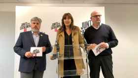 Albert Batet, Laura Borràs y Eduard Pujol, tras la reunión de Junts per Catalunya con Carles Puigdemont en Waterloo / EFE