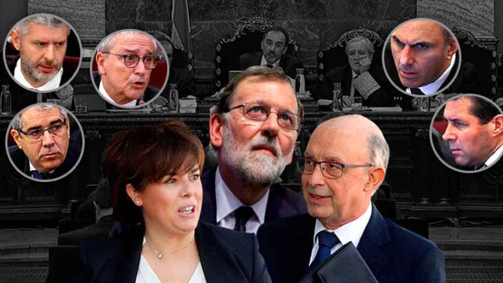 Los abogados de los acusados, Andreu Van den Eynde, Xavier Melero y Francesc Homs, con los testimonios, Soraya Sáenz de Santamaría, Mariano Rajoy y Cristóbal Montoro, con la acusación, Javier Ortega Smith y Pedro Fernández / CG