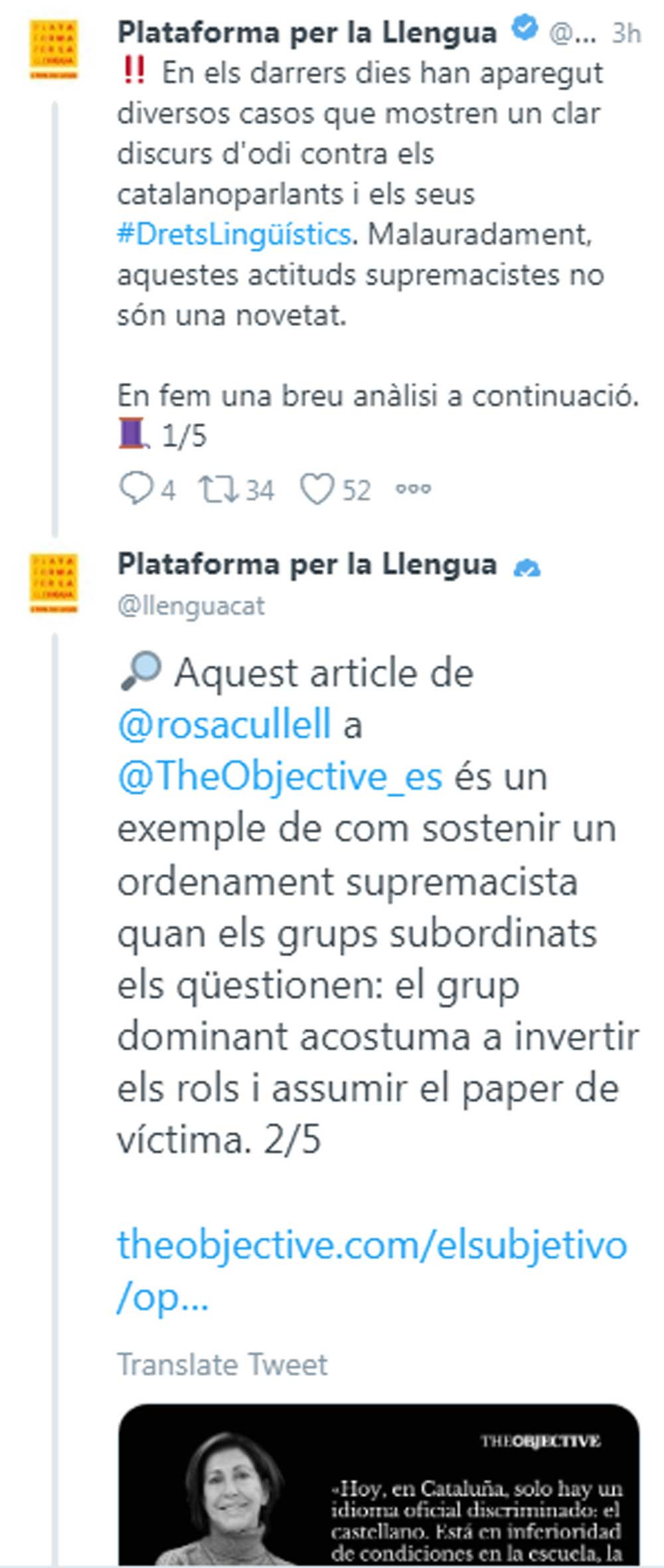 Plataforma per la Llengua, señalando a la periodista Rosa Cullell