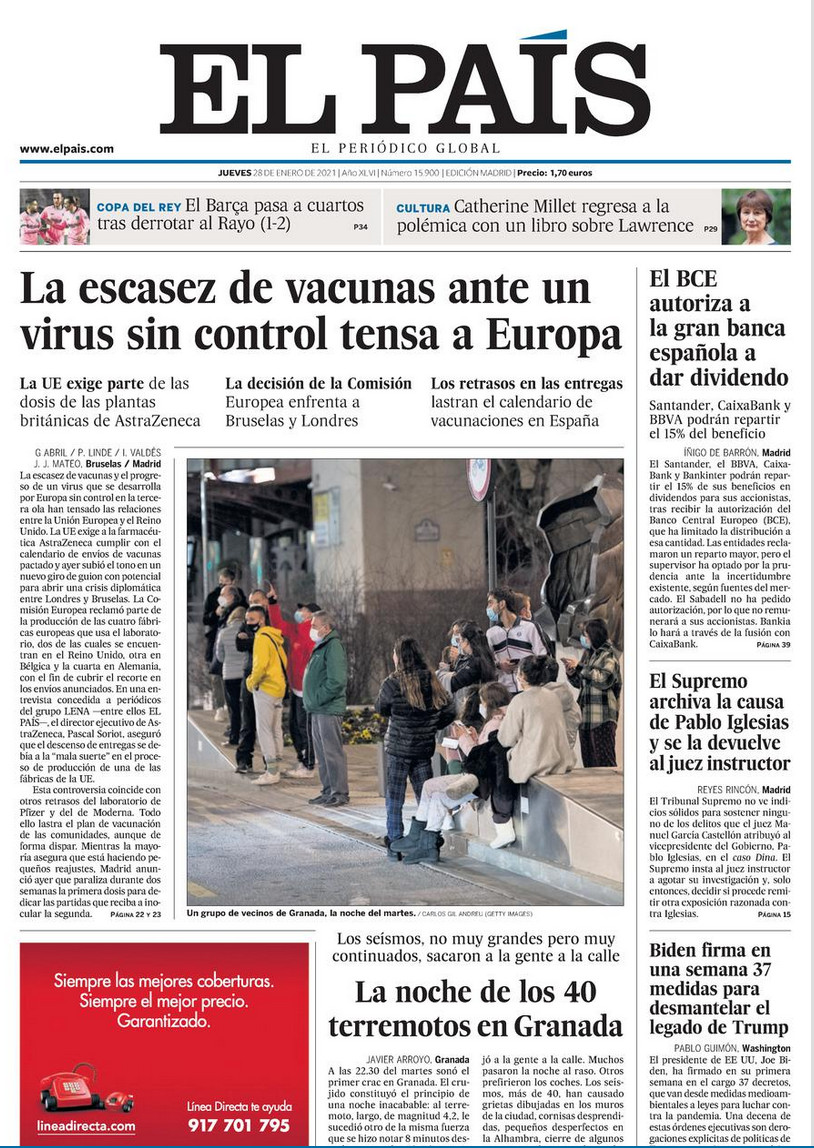 Portada de 'El País' del 28 de enero de 2021 / EL PAÍS