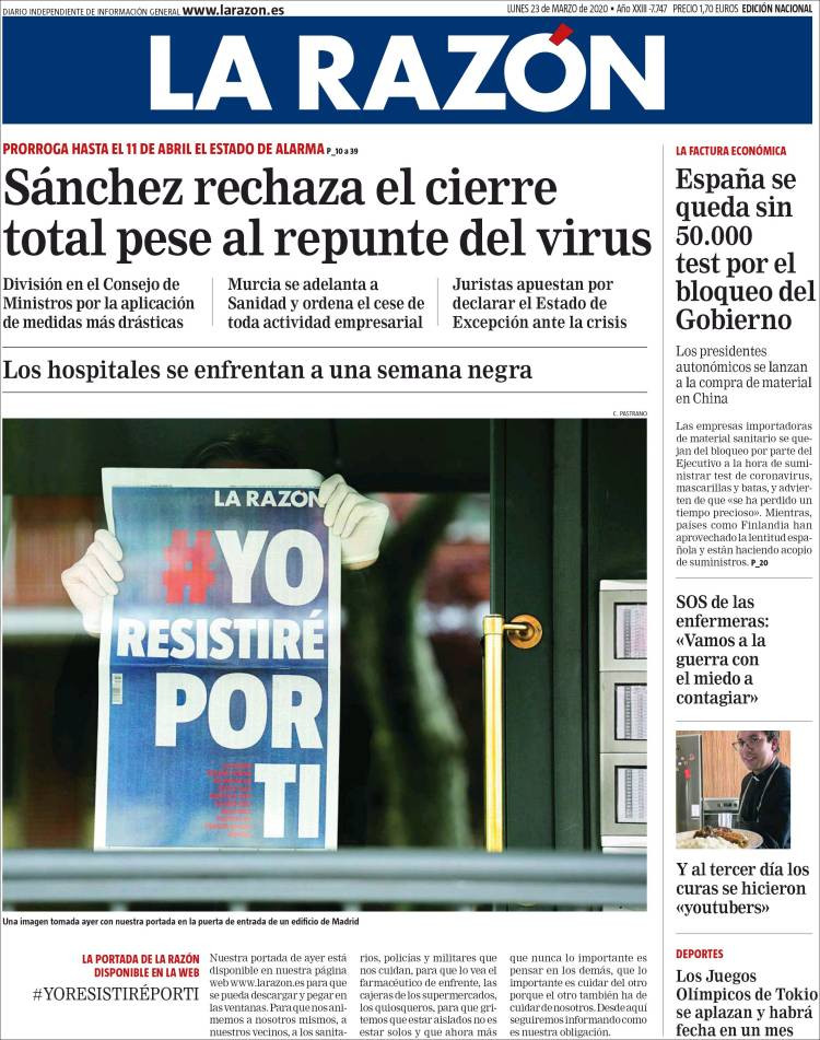 Portada de 'La Razón' con informaciones sobre el coronavirus