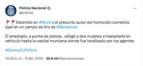 El tuit de la Policía Nacional dando cuenta de la detención / CG